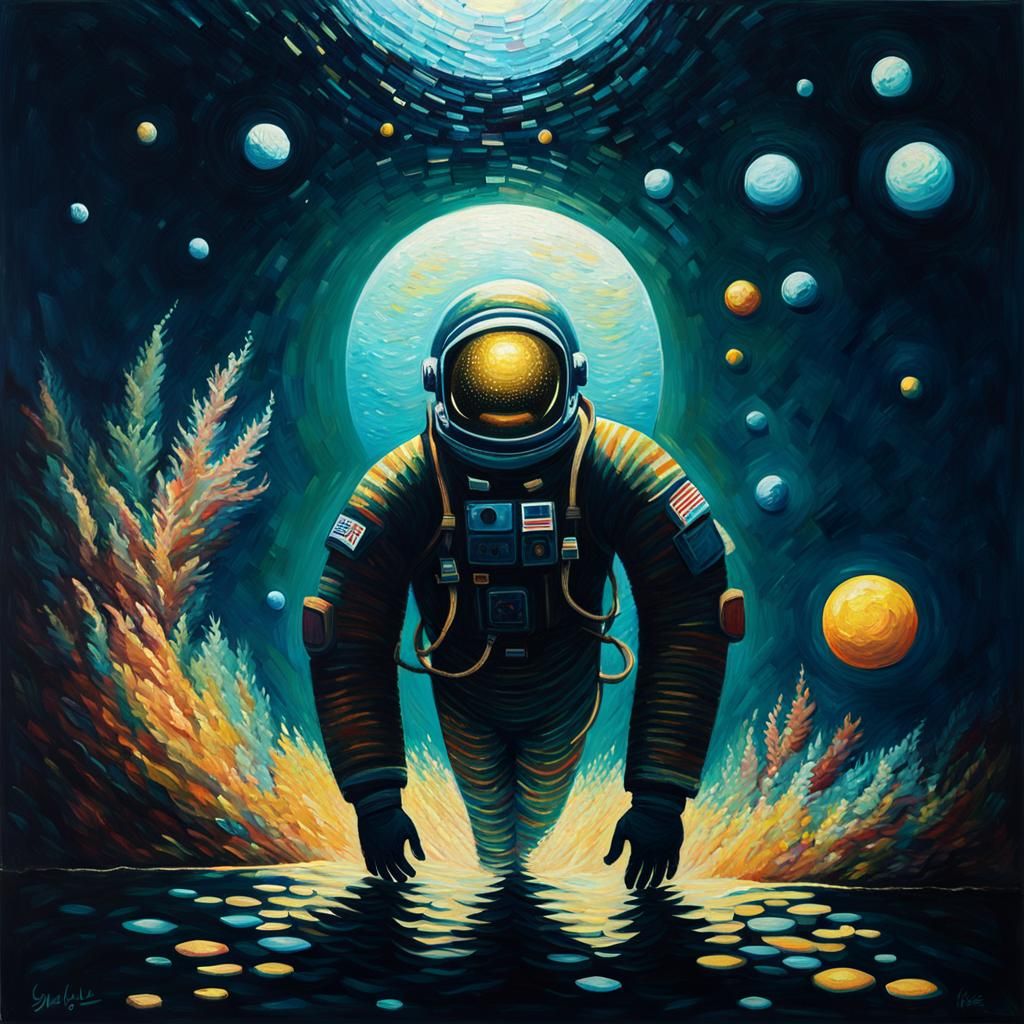 Astronaut Underwater: Neo-Impressionist Expressionist Oil Pa...