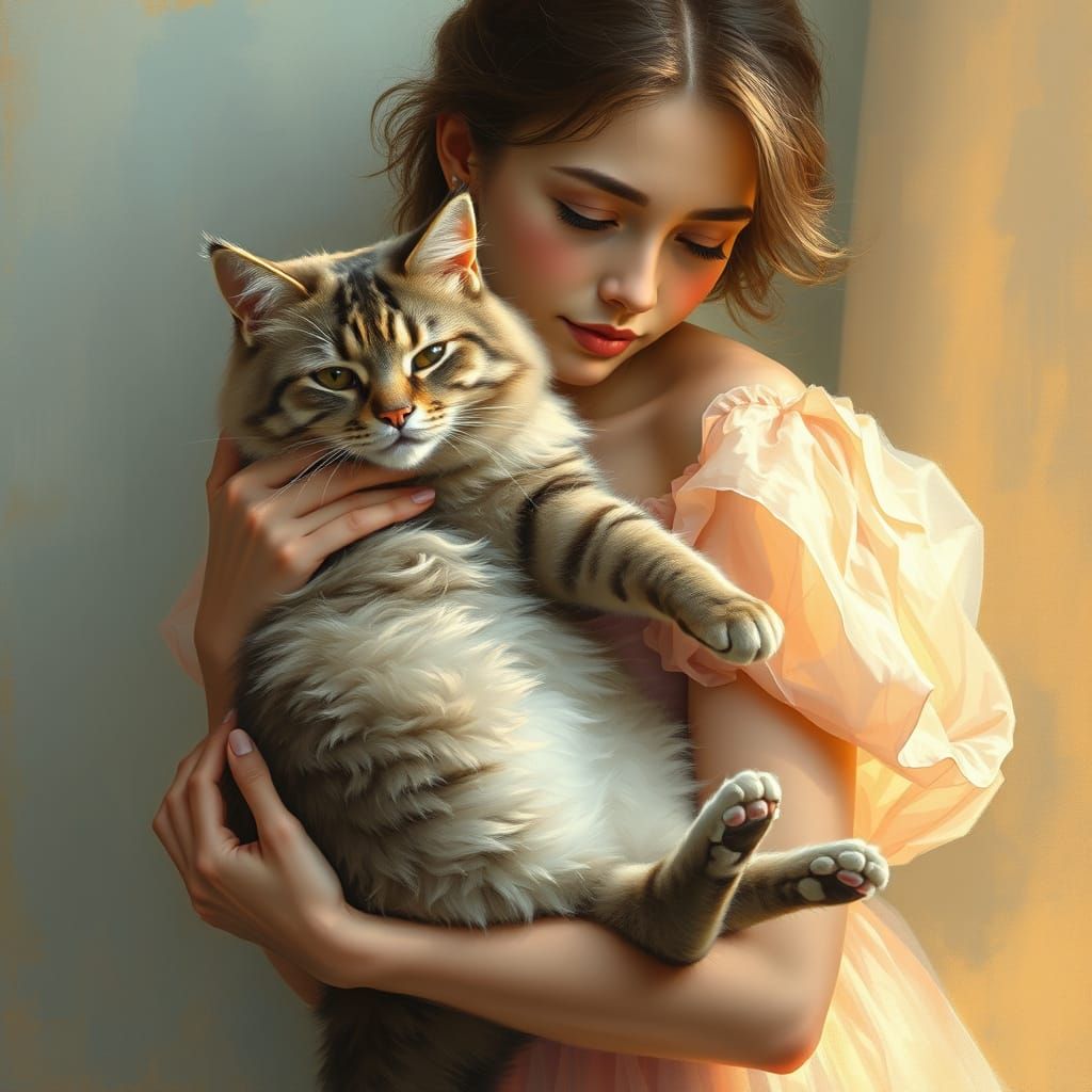 Impressionist Woman with Gentle Cat in Soft Lighting
