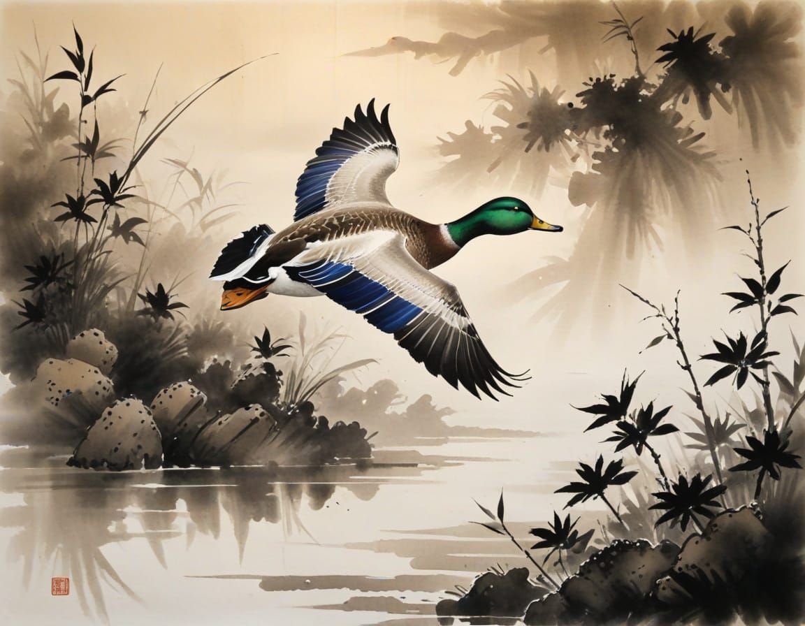 Duck's Last Flight: Sumi-e Ink Painting on Silk