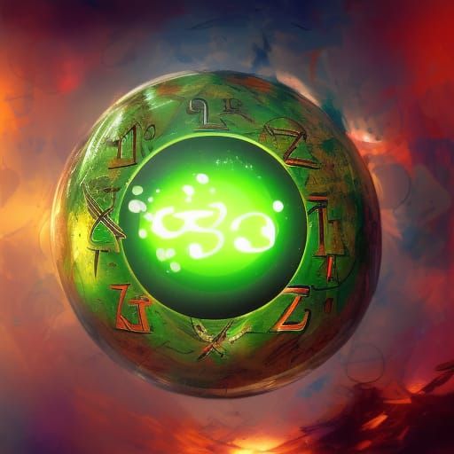 Hyperrealistic Green Orb with Symbols and Numbers
