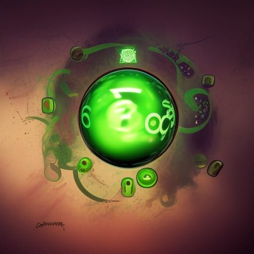 Hyperrealistic Green Orb with Symbols and Numbers