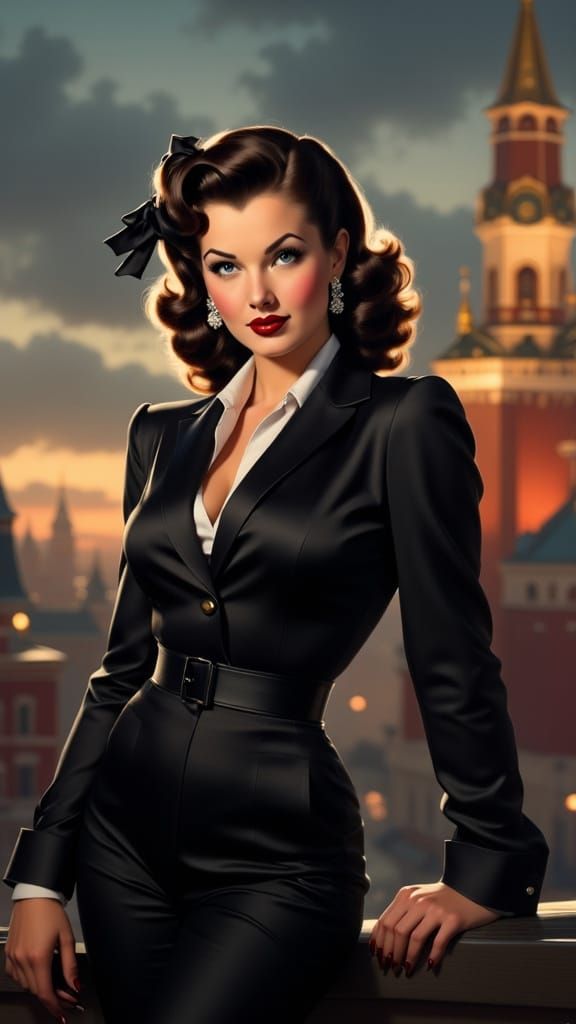 Femme Fatale at Kremlin at Dusk in Noir Style
