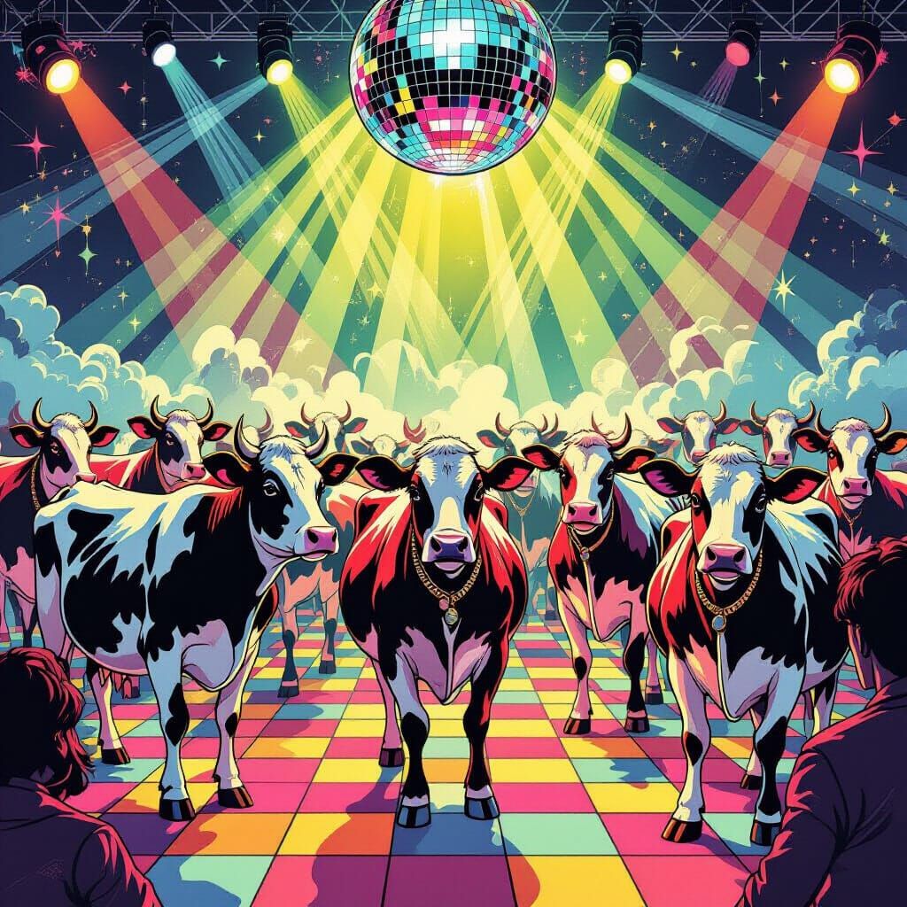 Cows Groove in Disco Style Comic Art