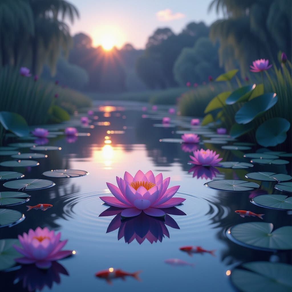 Serene Twilight Lotus Pond in Photorealistic Digital Art