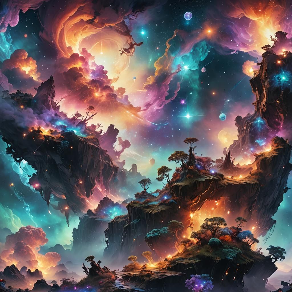 Cosmic Landscape Art in Bioluminescent Style