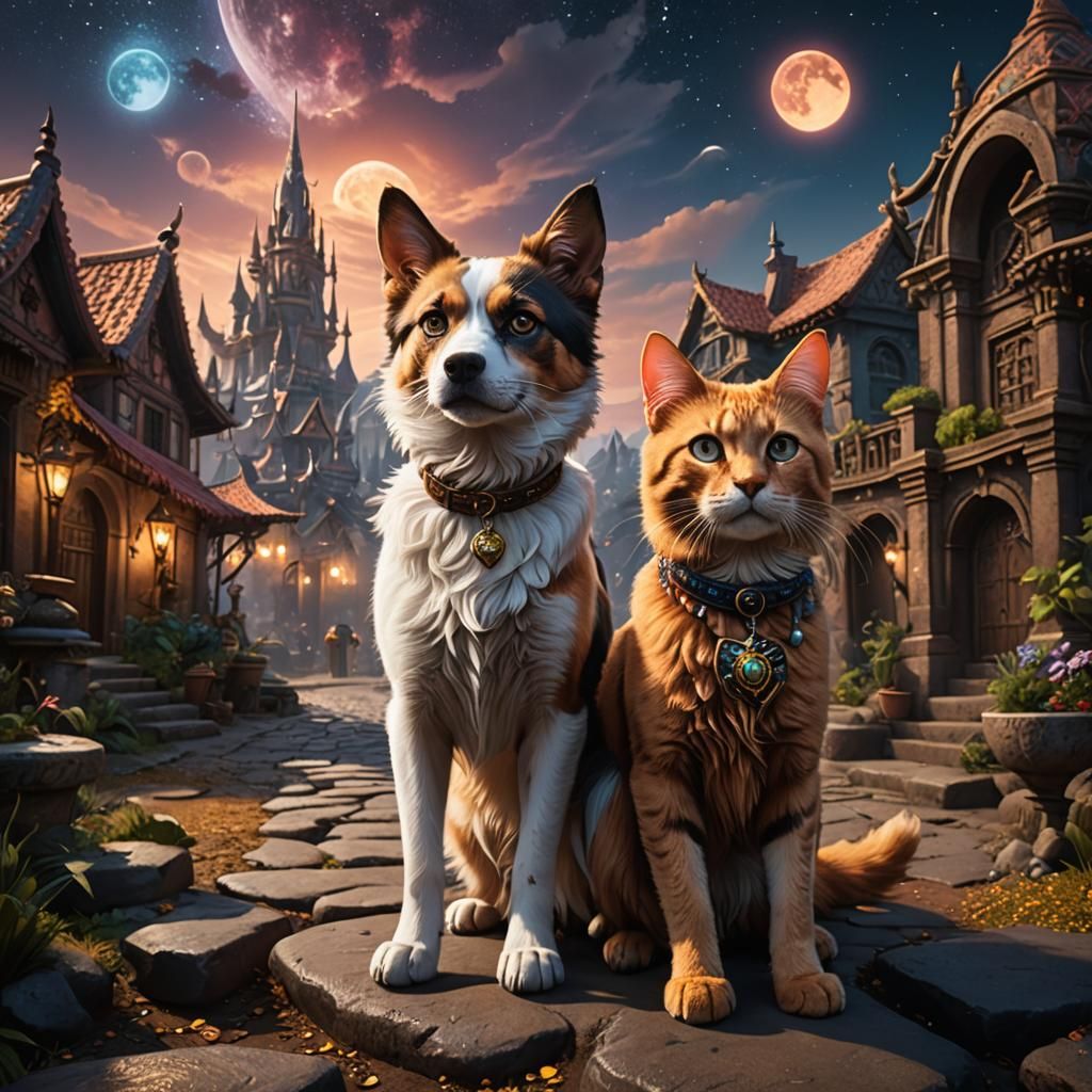 Dog and Cat Strolling on the Moon