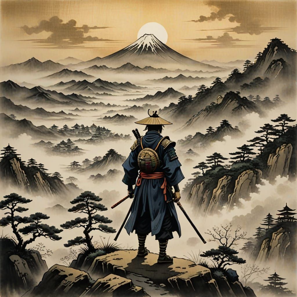 Samurai Gazes at Cyberpunk City: Ink Wash Painting