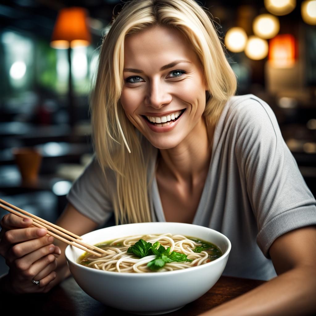 Smiling Blond Woman Enjoying Pho, Hyperrealistic Image