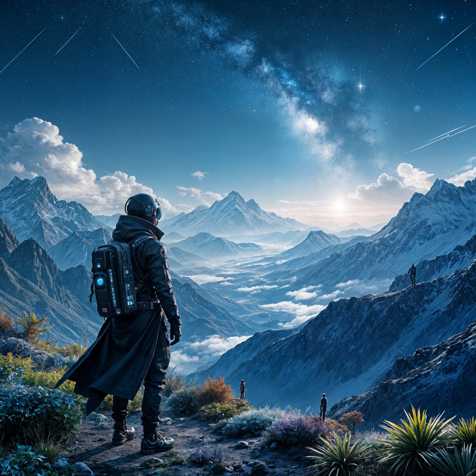 Cyberpunk Explorer Gazes Over Vibrant Alien Valley