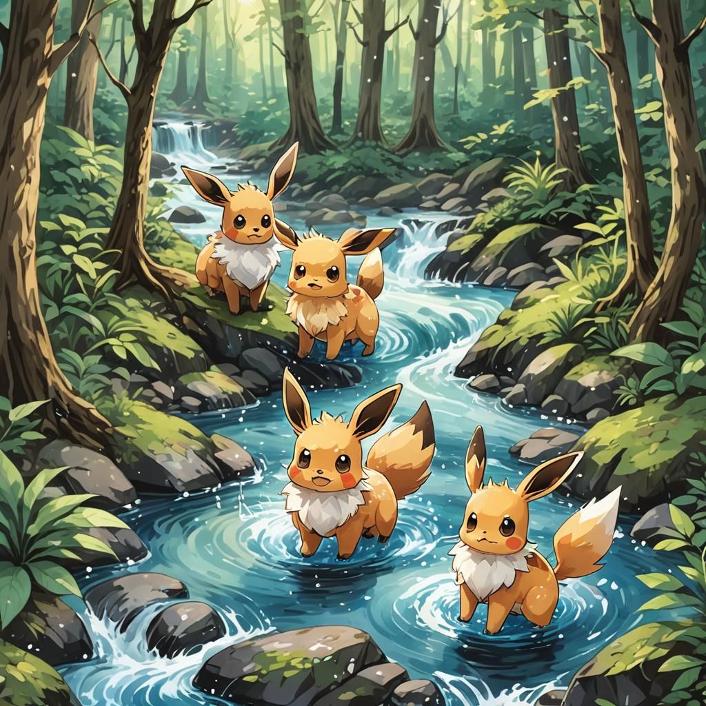 Three Eevee Characters in Anime Style
