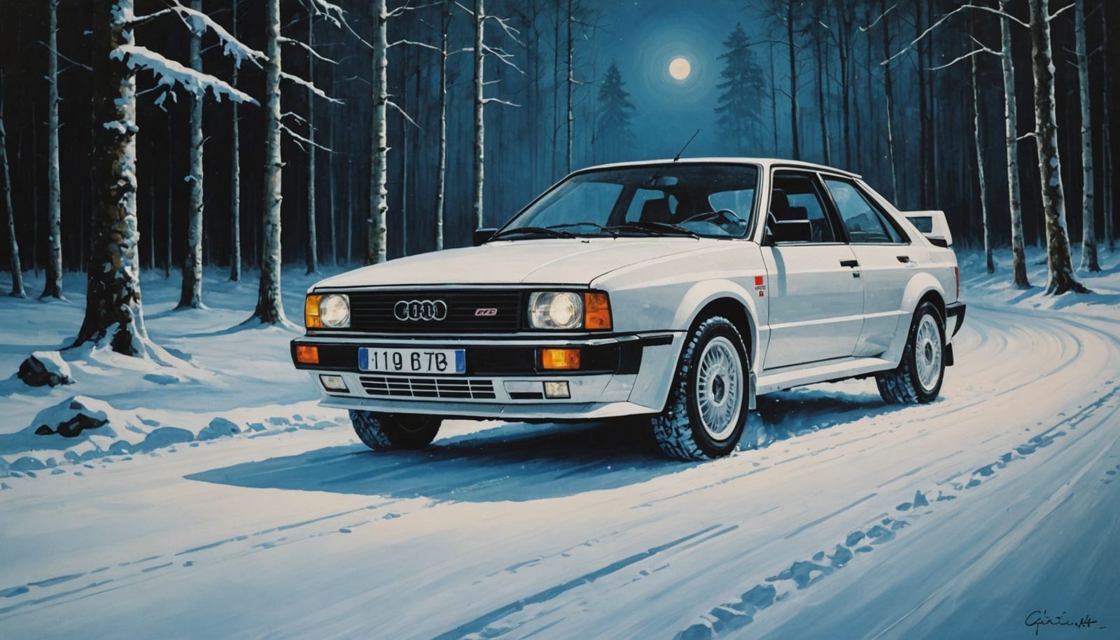 Winter Rally Audi Quattro Drives Through Frosty Forest at Ni...
