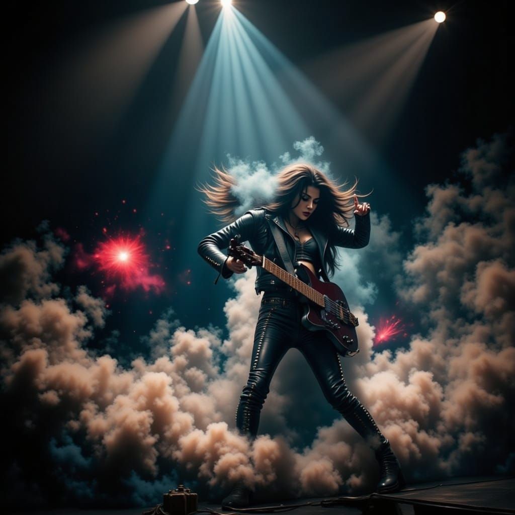Female Rock Musician in Concert, Dramatic Stage Lighting