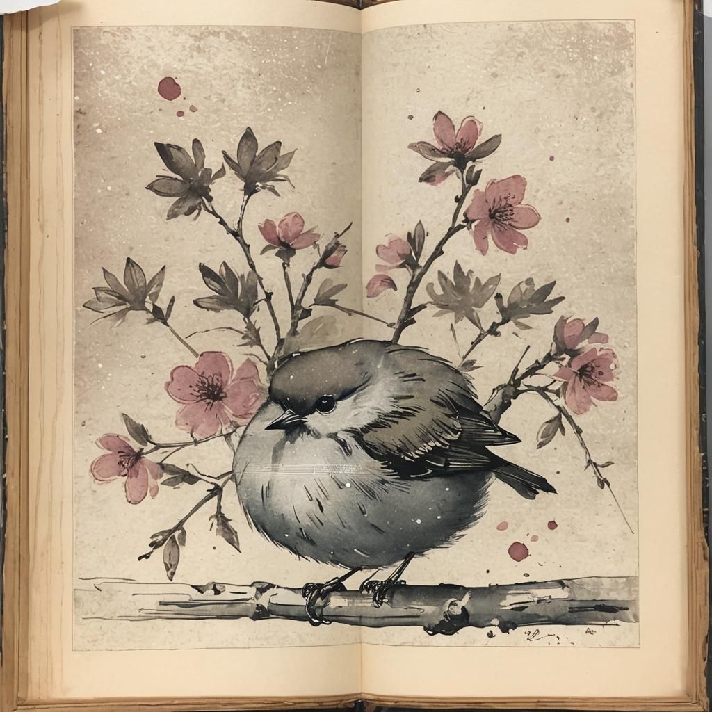 Whimsical Bird on Branch in Sumi-e Style