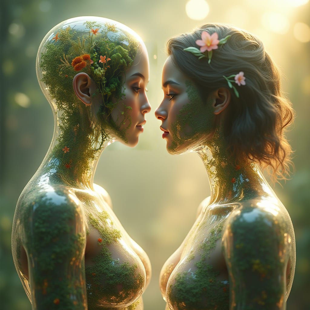 Ethereal Glass Figures Dancing in a Dreamy Ecosystem