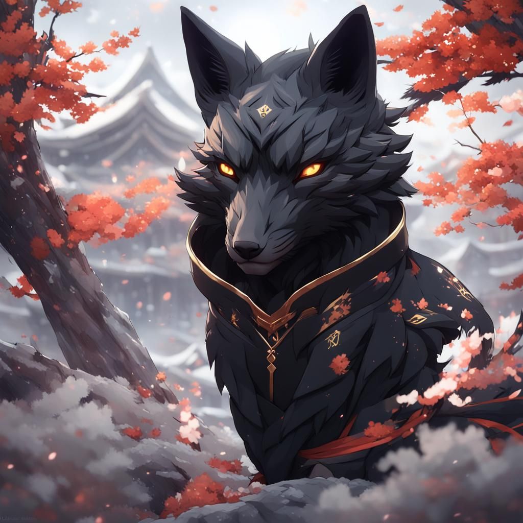 Detailed 3D Anime Art of a Black Kitsune