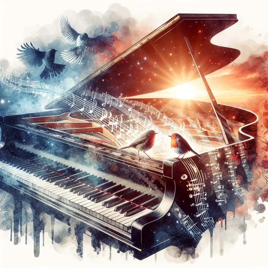 Grand Piano Music with Robins at Sunset, Watercolor