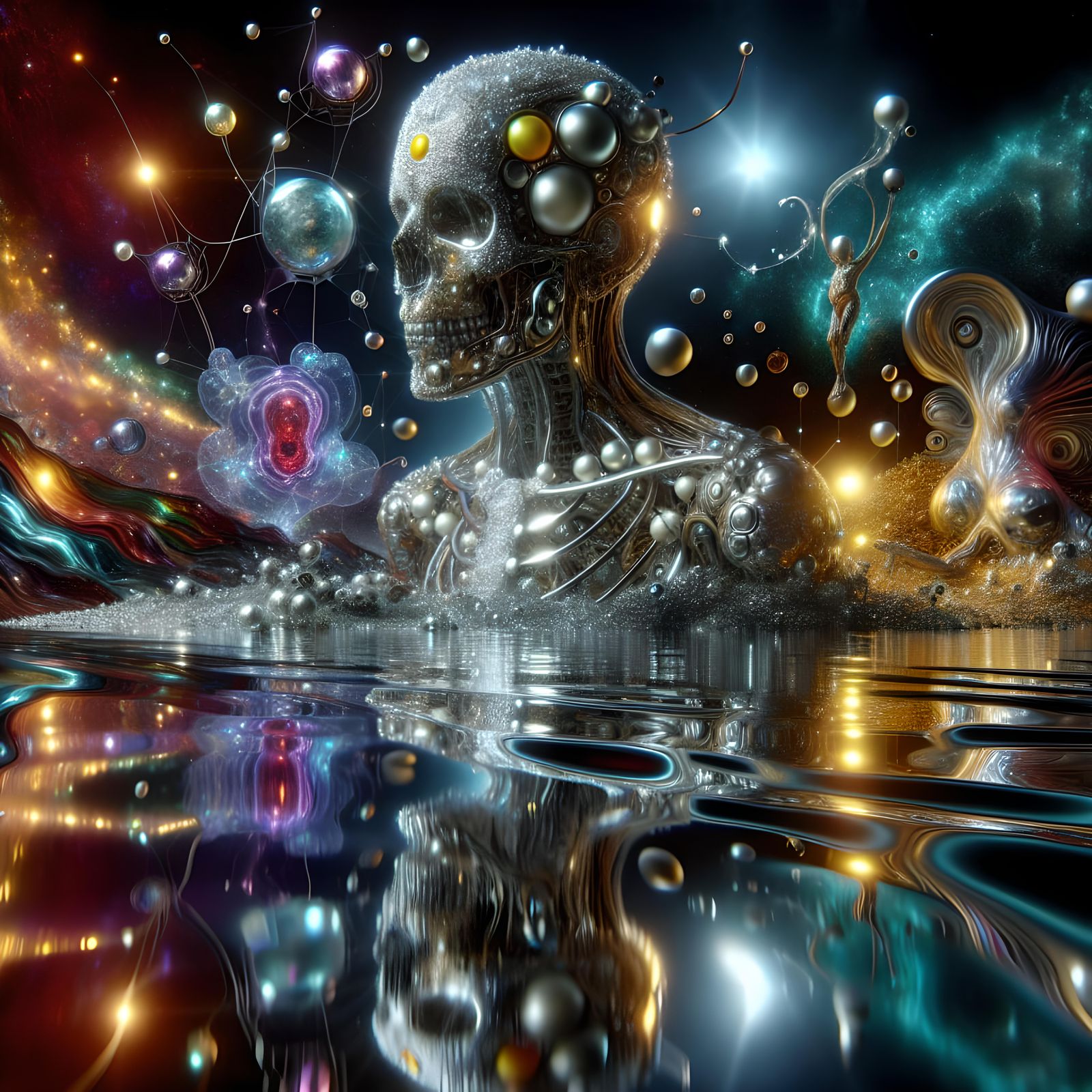 Surreal Metallic Skeletons Reflecting in Neon Light