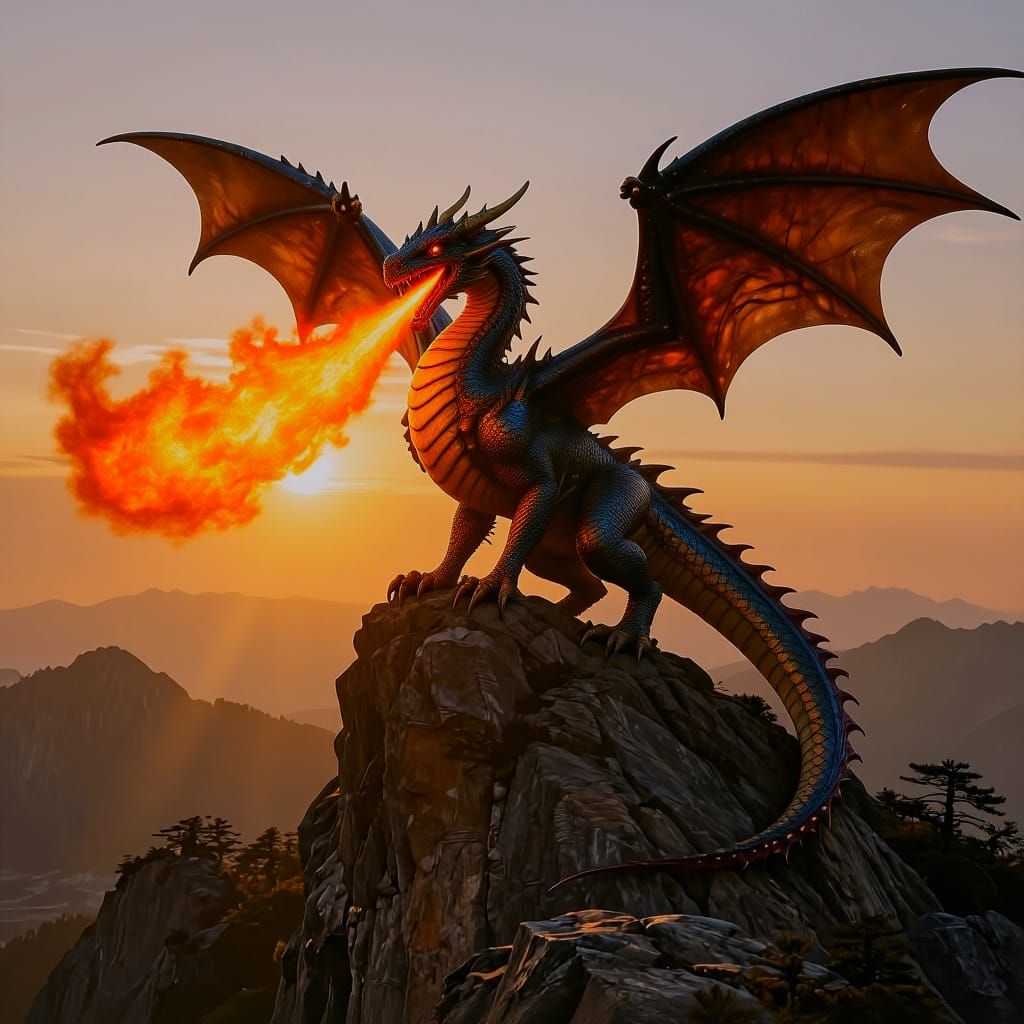 Majestic Dragon on Mountain Peak at Sunset