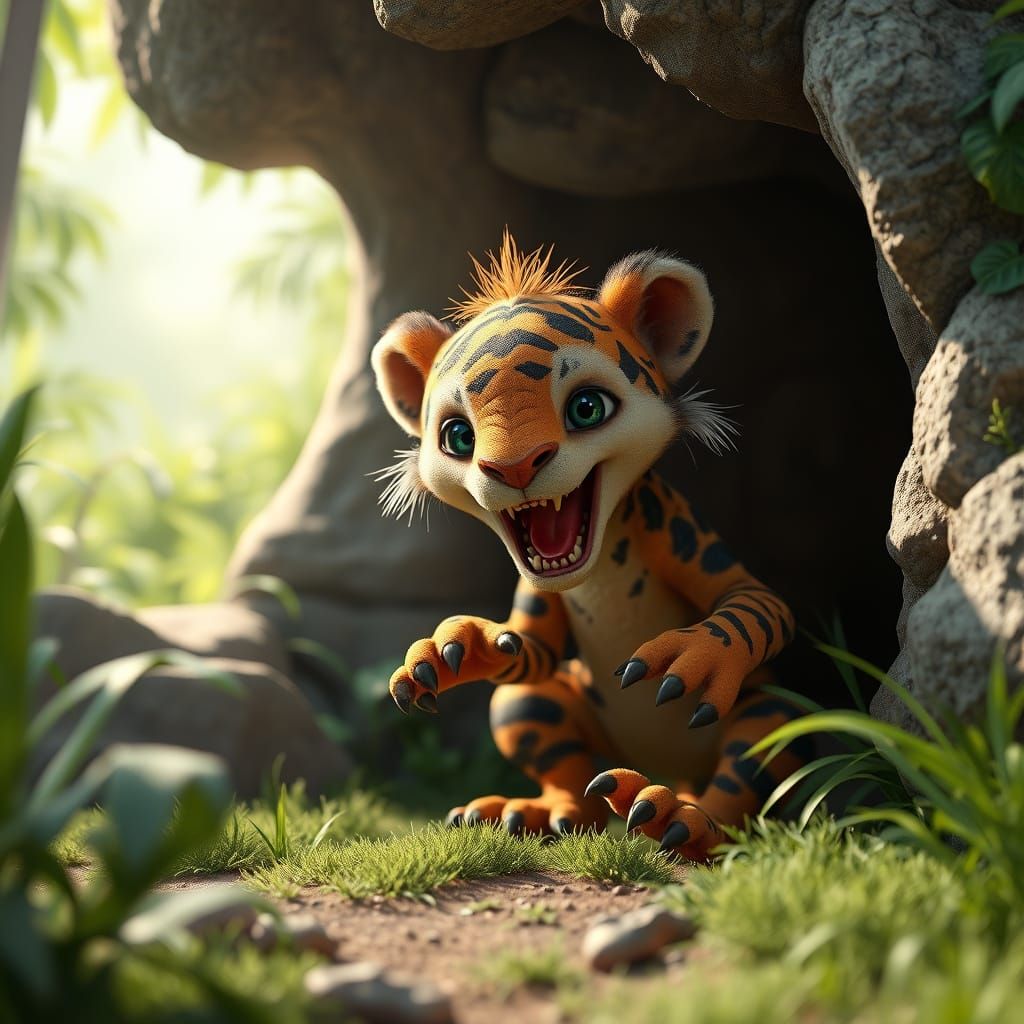 Baby Sabretooth Tiger in Lush Greenery