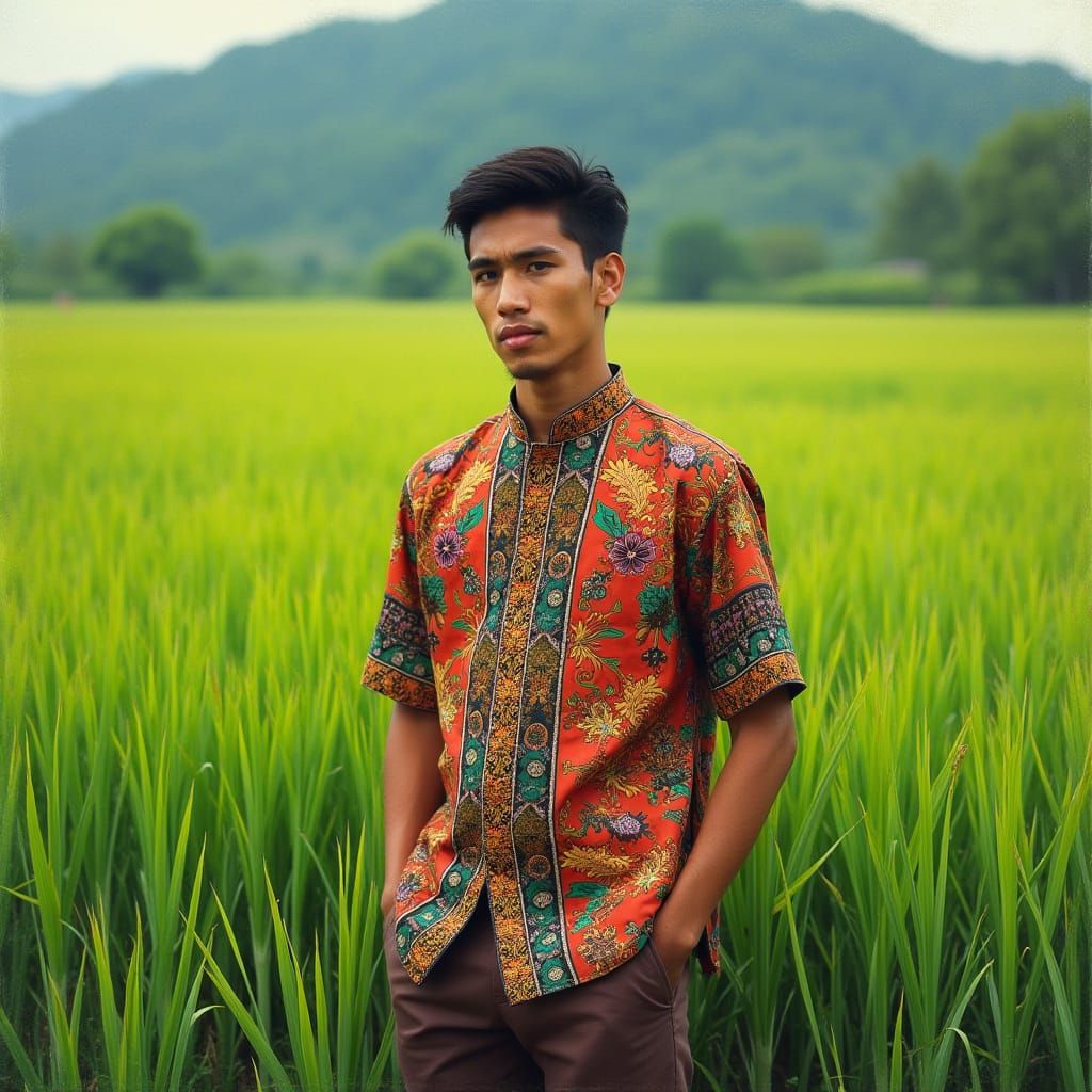 Filipino Man in Barong Tagalog in Rice Field