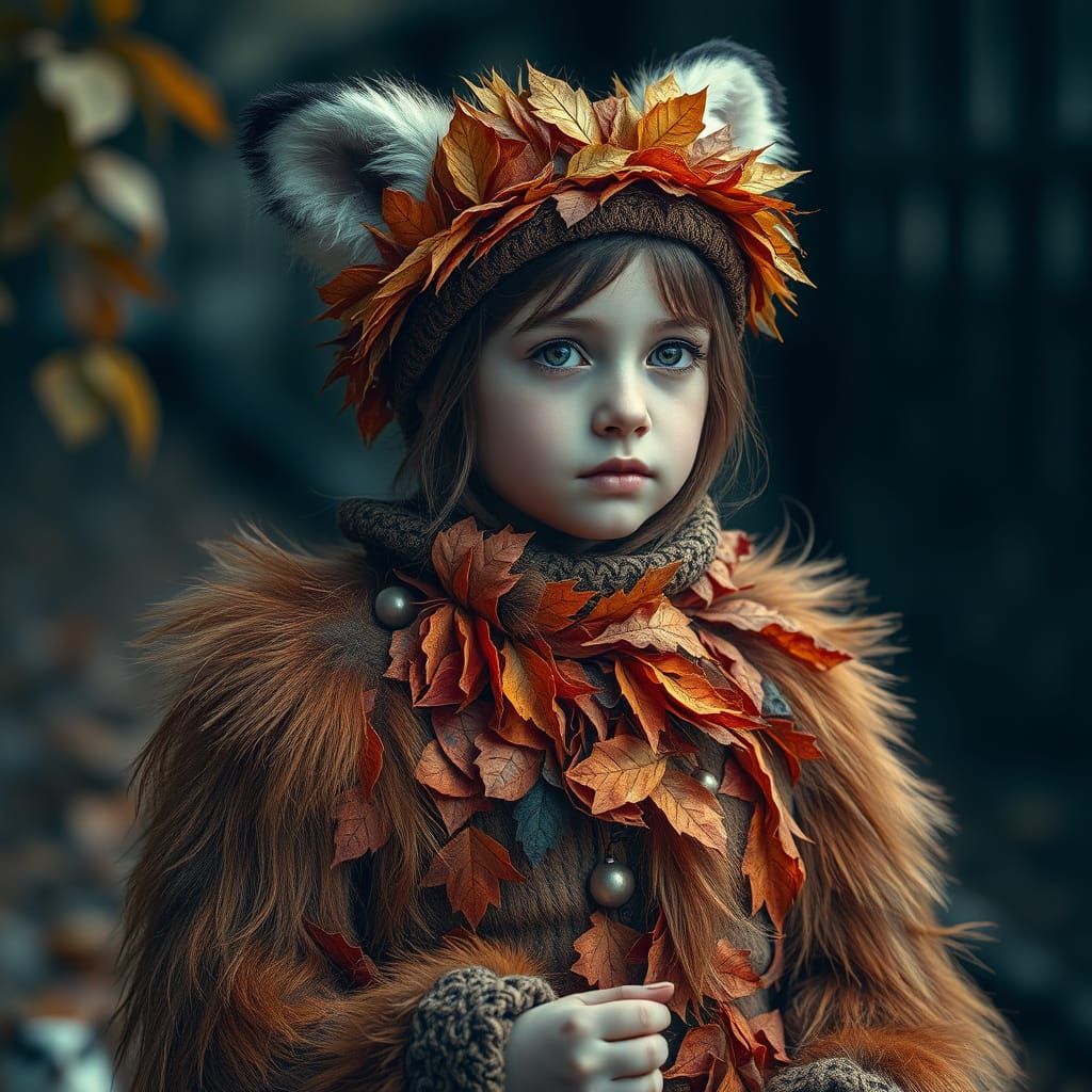 Girl in Fox Leaf Autumn Outfit, Hyperrealistic