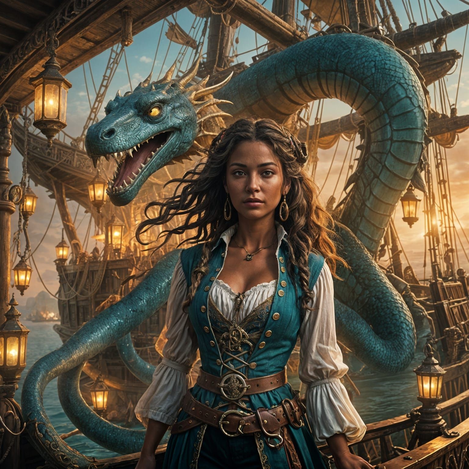 Sea Serpent and Lady Pirate: Epic Digital Painting