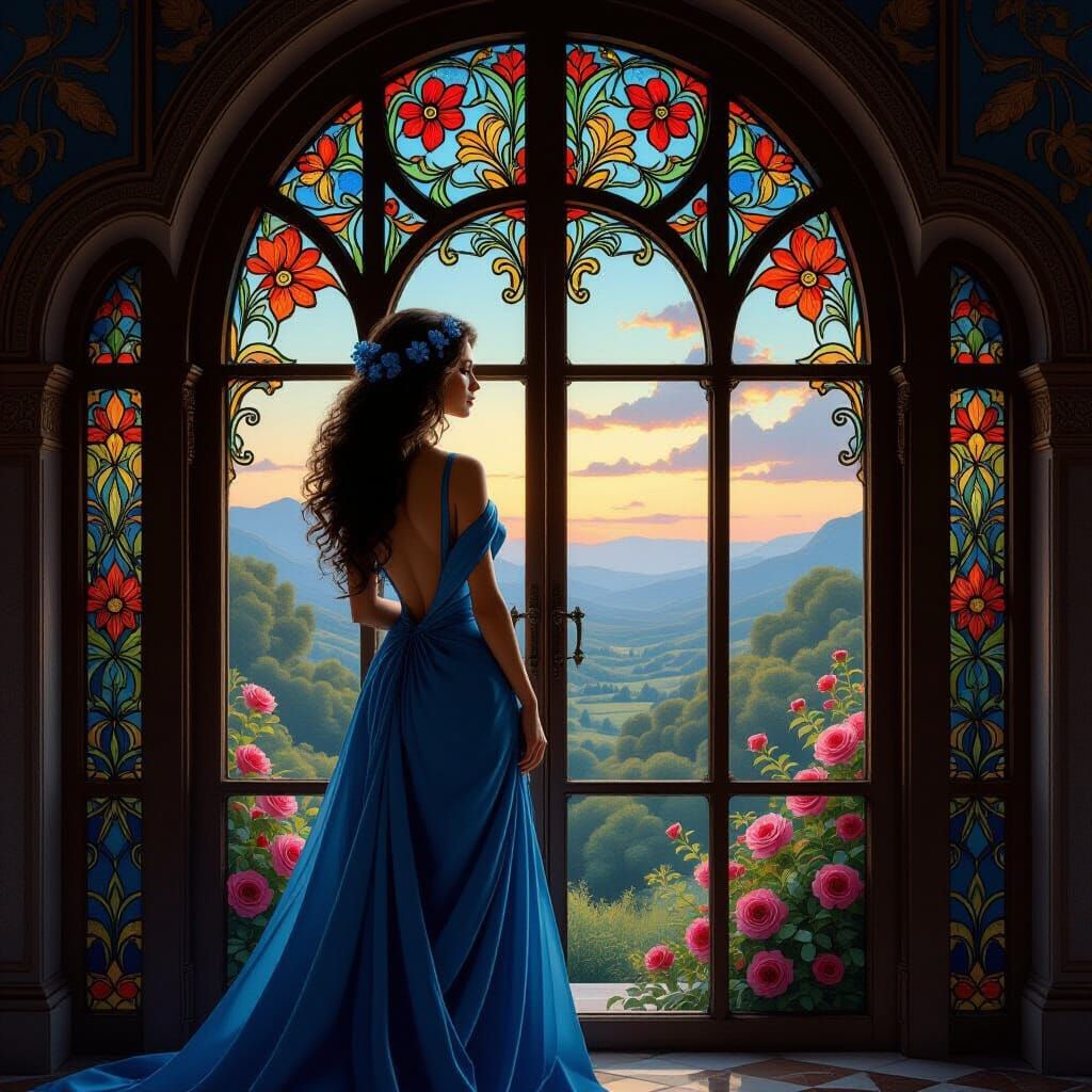 Woman in Blue Gown Contemplating Landscape Through Stained G...