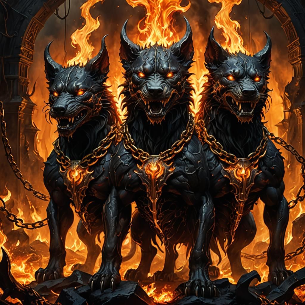 Cerberus in Fiery Underworld: Dark Fantasy Art