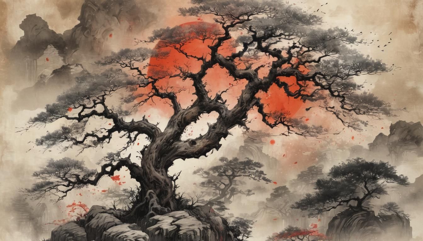 Old Tree Illustration in Chinese Ink Painting Style