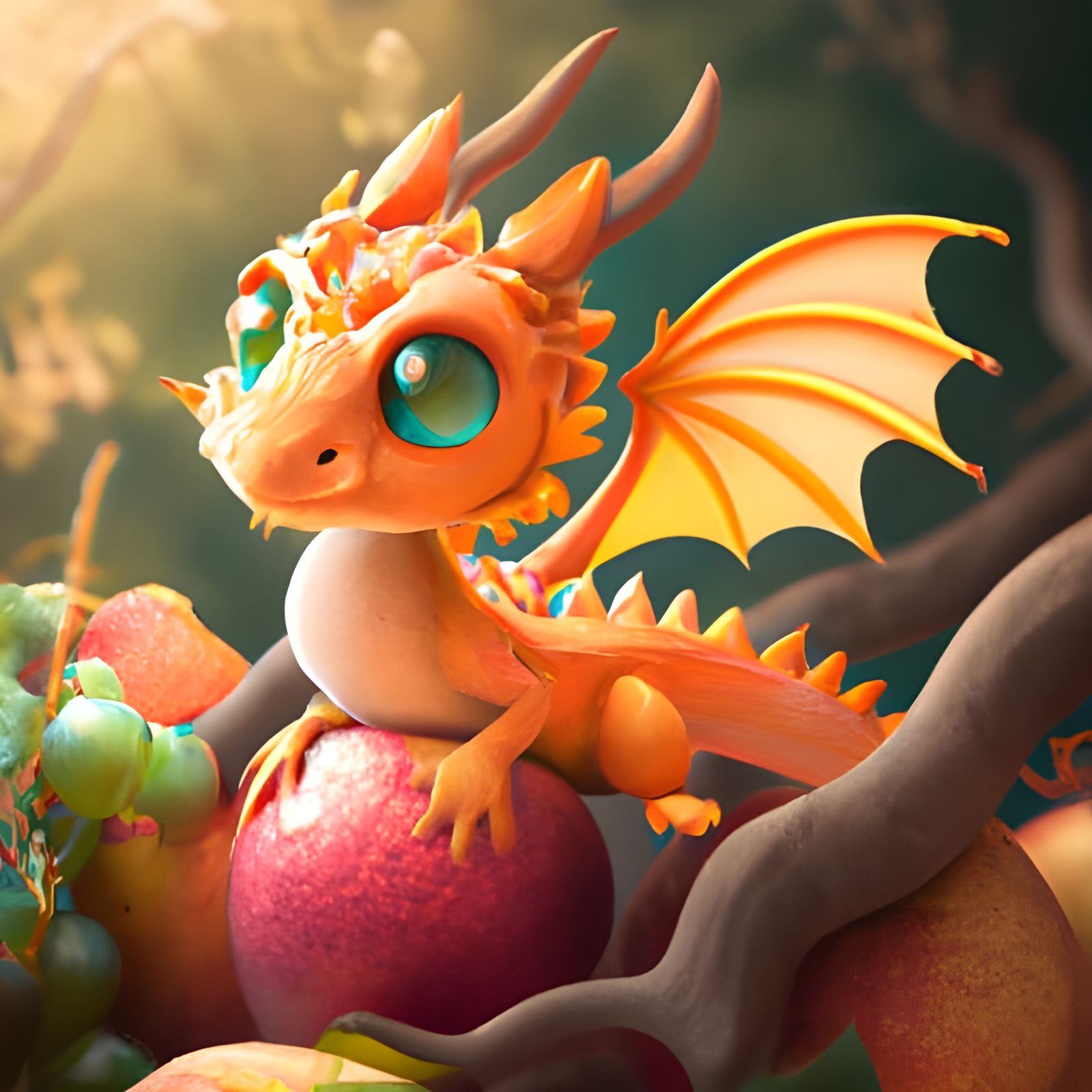 Baby Fire Dragon with Fruit, Art Nouveau Style