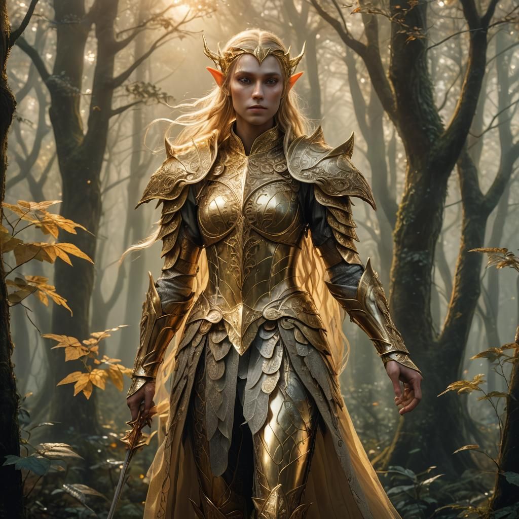 Golden Elf in Misty Forest: Fantasy Art