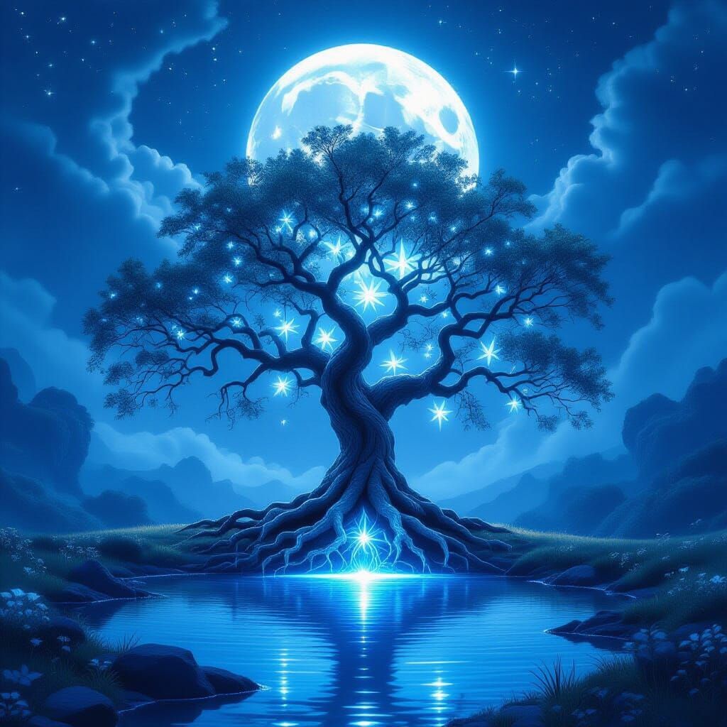 Mystical Moonlit Tree Collecting Light