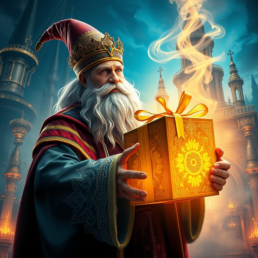 Mystical Wizard Dispenses Regal Gifts Amidst Vibrant Backdro...