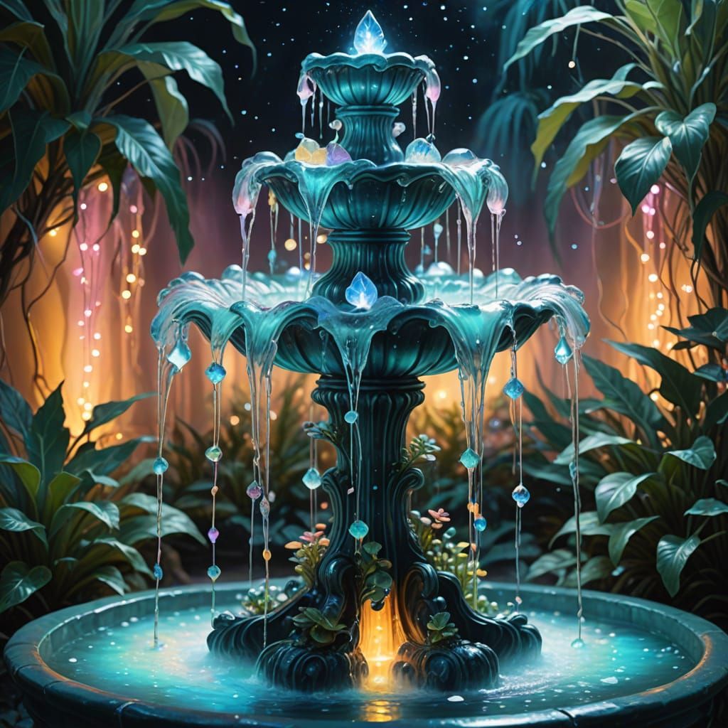 Enchanted Crystal Fountain with Bioluminescent Plants