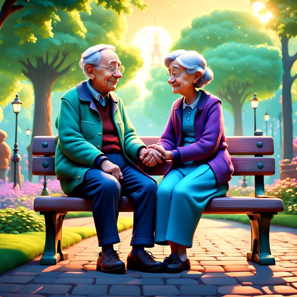 Romantic Grandparents Holding Hands in Sunny Park