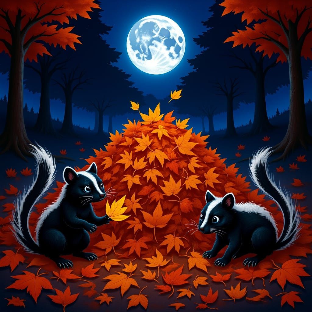 Skunks Playing in Autumn Leaves Under Moonlight