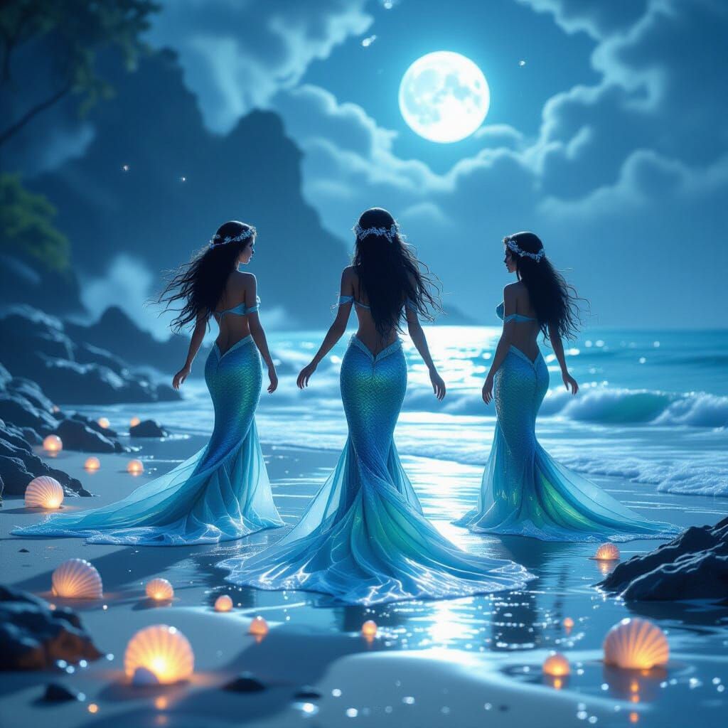 Mermaids Dancing on a Moonlit Shore