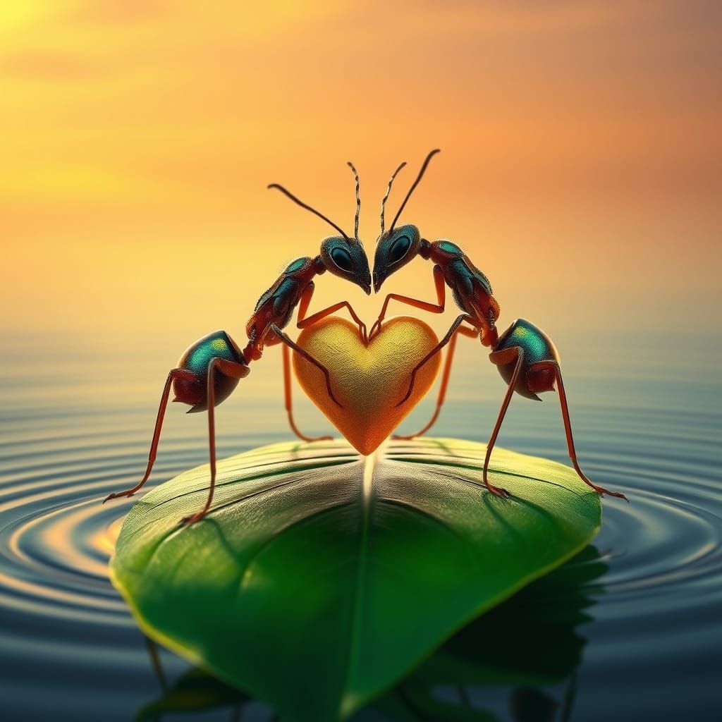 Whimsical Ants Holding Heart-Shaped Grain on a River Leaf