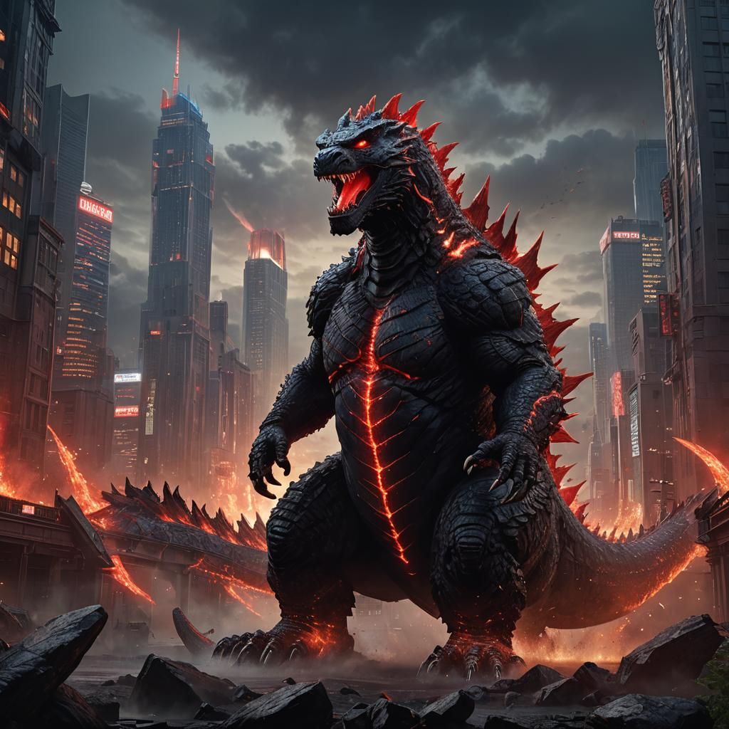 Godzilla with Red Glow in Detailed Matte Painting