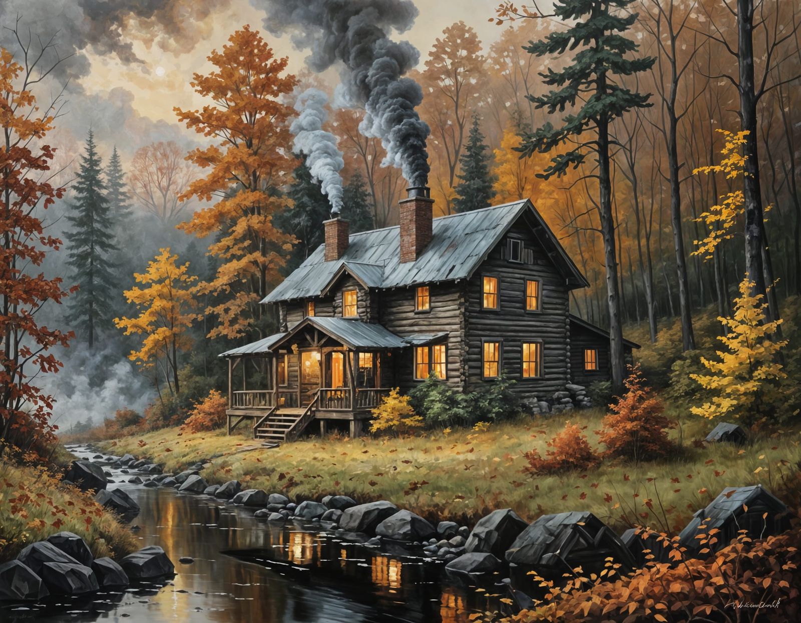 Mysterious Autumn Cabin in a Misty Forest