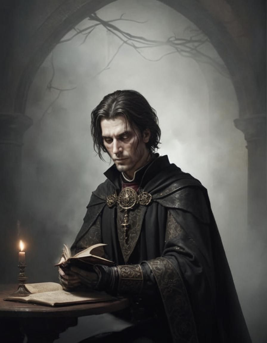 Medieval Bishop Holds Book of Power in Dark Chamber