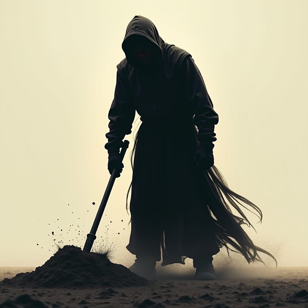 Silhouette of Man Shoveling Sand: Fantasy Art