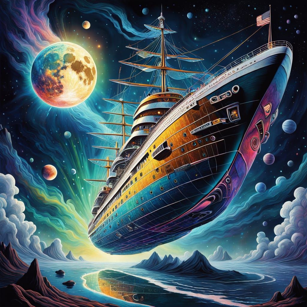 Surreal Cosmic Ship Blazes Around the Moon in a Dreamlike At...