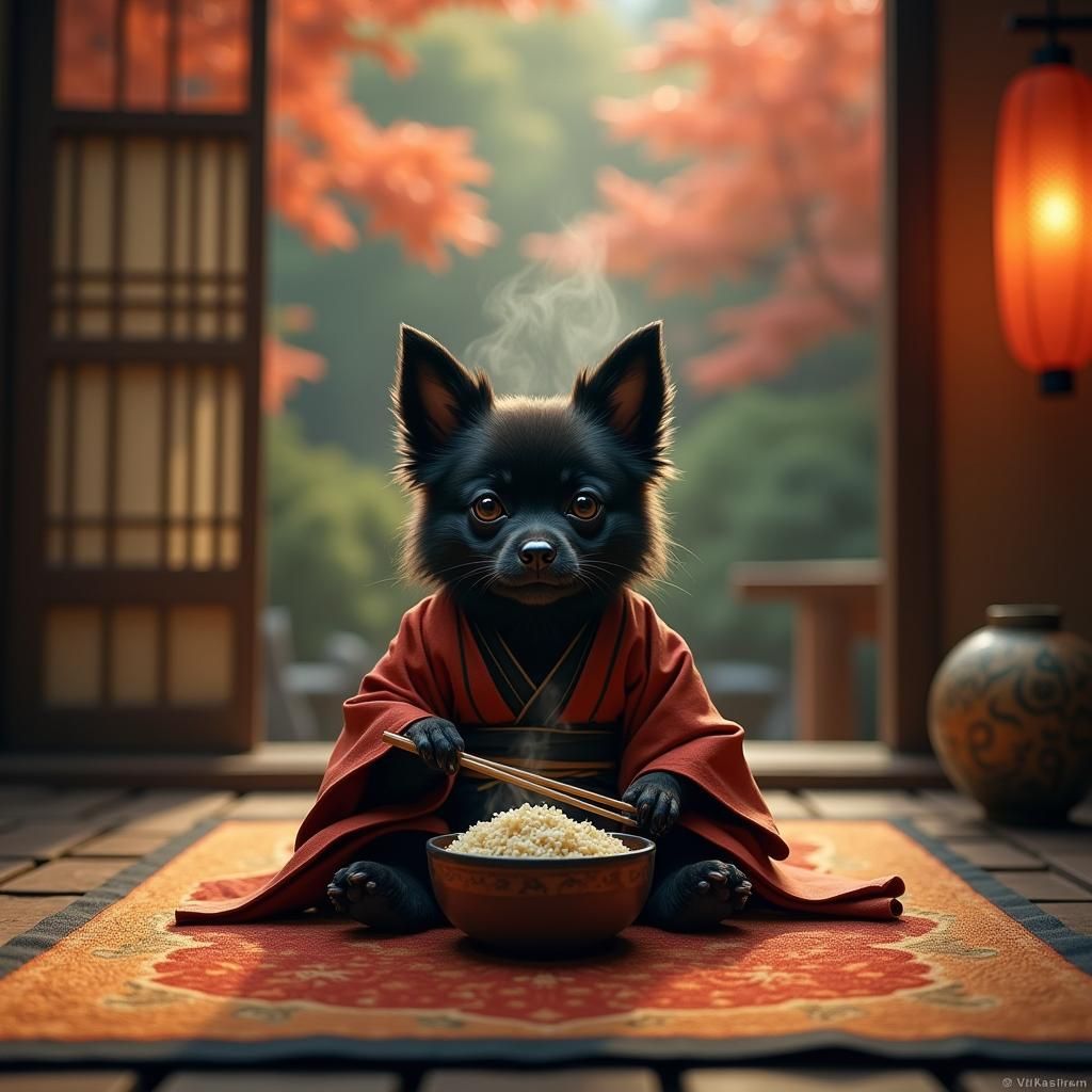 Ninja Dog Enjoying Rice in Japan, Cinematic Illustration