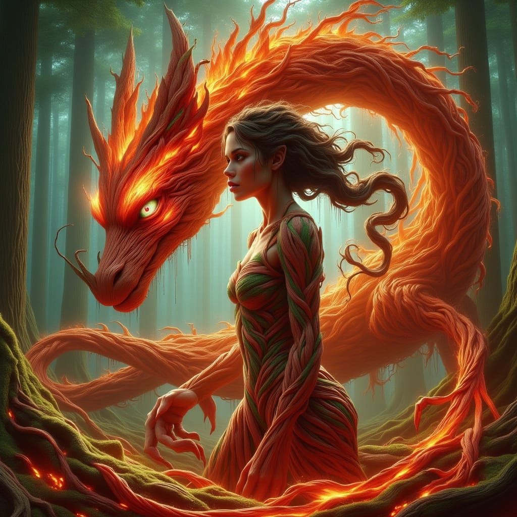 Woman Transforms into Fire Salamander in Anime Style