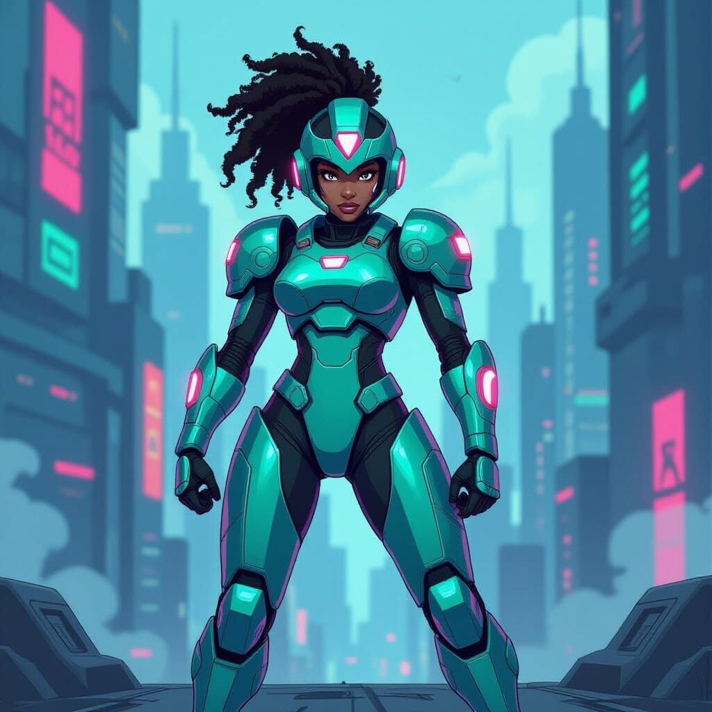 Teal Armored Heroine in Neon Cityscape