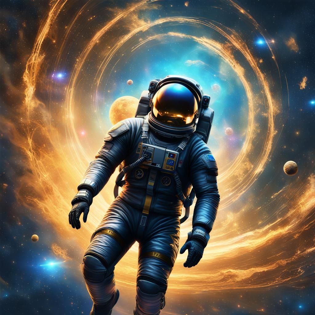Astronaut in Spacesuit Amidst Swirling Nebula