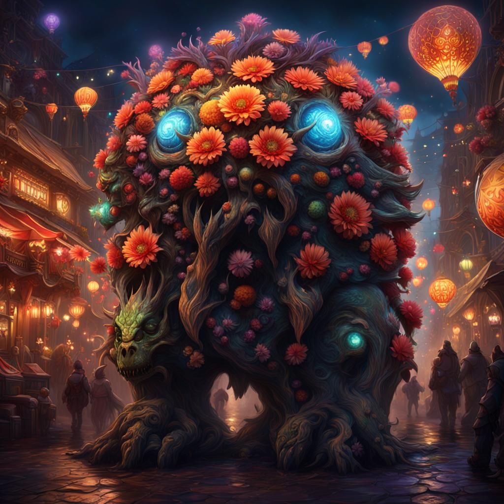 A big, Big-eyed flower monster at night Fair Happy Parade Ce...