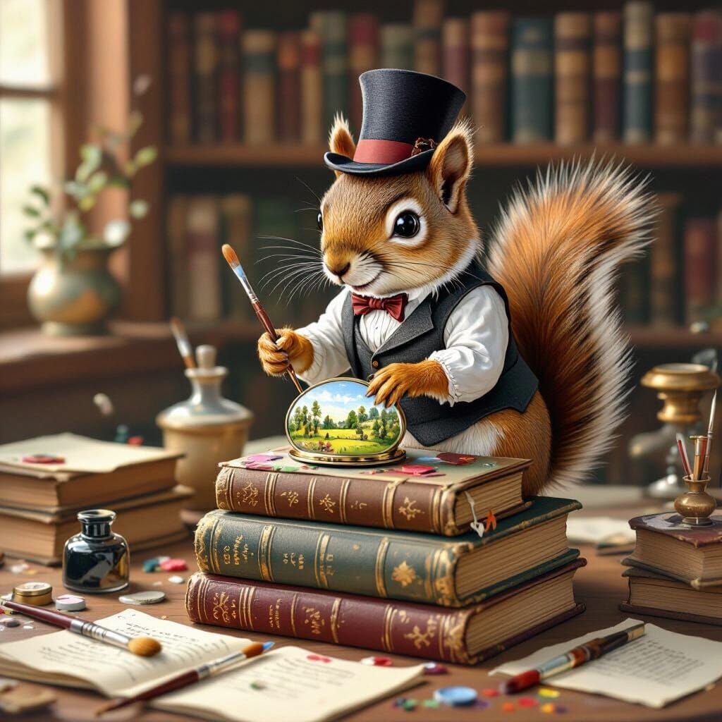 A mischievous squirrel wearing a tiny monocle and top hat, m...