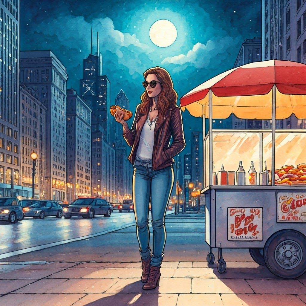 Chicago Nightlife: Woman with Hot Dog in Watercolor